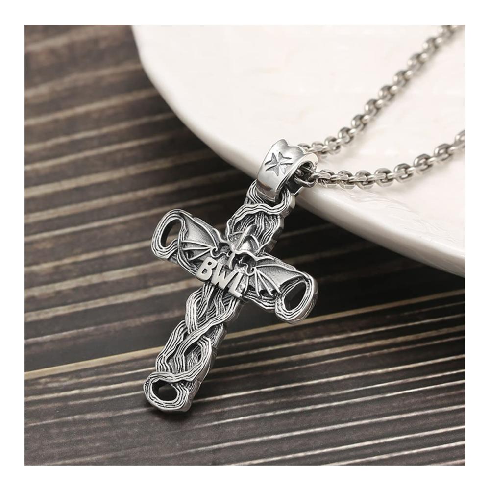 Entdecke den einzigartigen Charme Halskette mit Kettenanhänger aus S925 Sterling Silber für Herren – Retro-Design mit Thai-Silber-Kreuz und Fledermaus-Motiv
