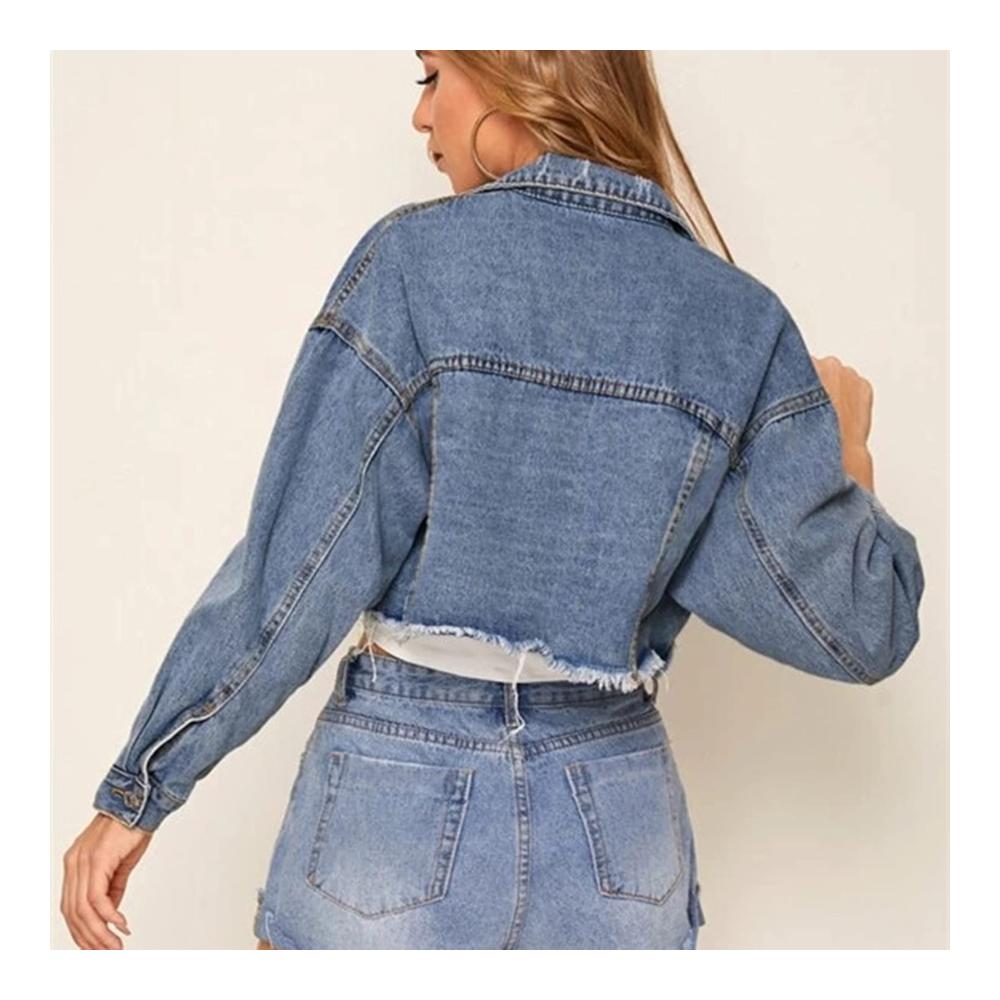 Damen Jeansjacke im abgenutzten Look mit Reißverschluss Oversized-Fit Plus Size und Taschen Oversized Denim-Jacke mit Kordelzug und Kettendetails