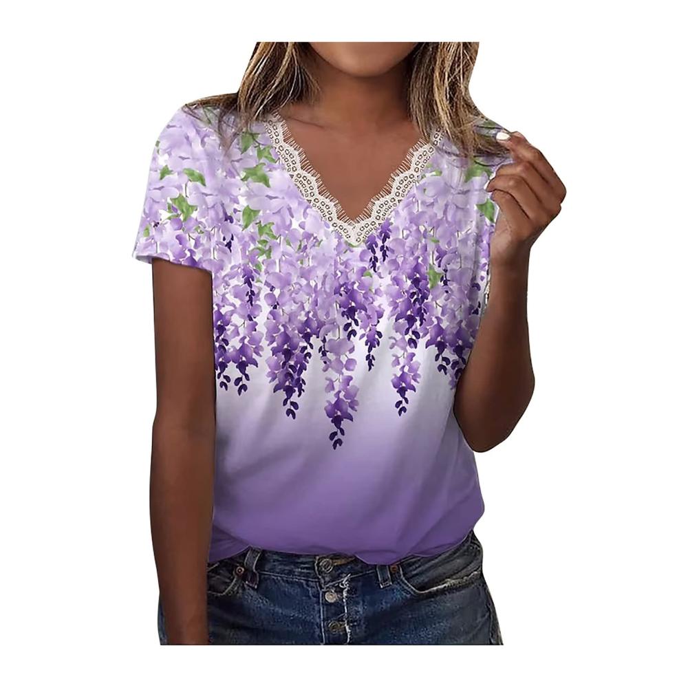 Exklusive Damenmode Trendiges V-Ausschnitt T-Shirt mit Spitze und Blumendruck. Perfekt für lässige Eleganz. Holen Sie sich jetzt Ihr neues Lieblingsshirt