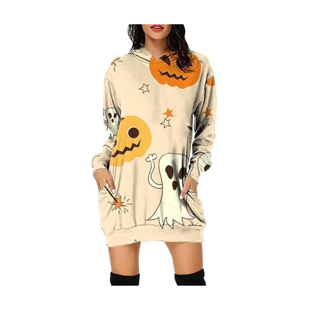 Elegantes Halloween-Kleid Damenmode mit Kapuze Langarm und V-Ausschnitt. Stilvoll bedruckt verleiht es jedem Anlass Charme und Originalität. Perfekt für einen auffälligen Look