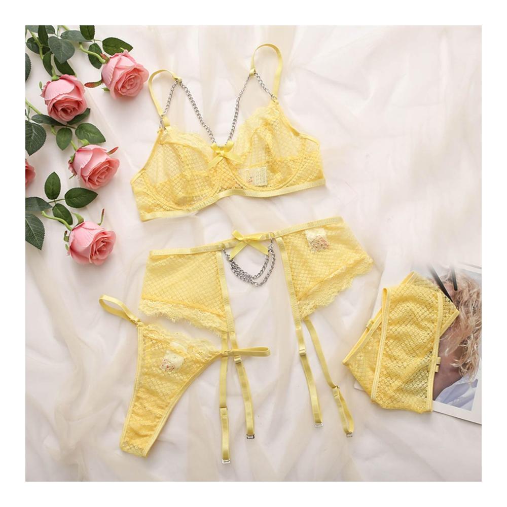 Große Dessous Strapse Sets Lustige Unterwäsche-Sets für Damen Stickerei-Spitze Hohle Metallkette Durchsichtig Lustiges Unterwäsche-Set Submissive Lingerie