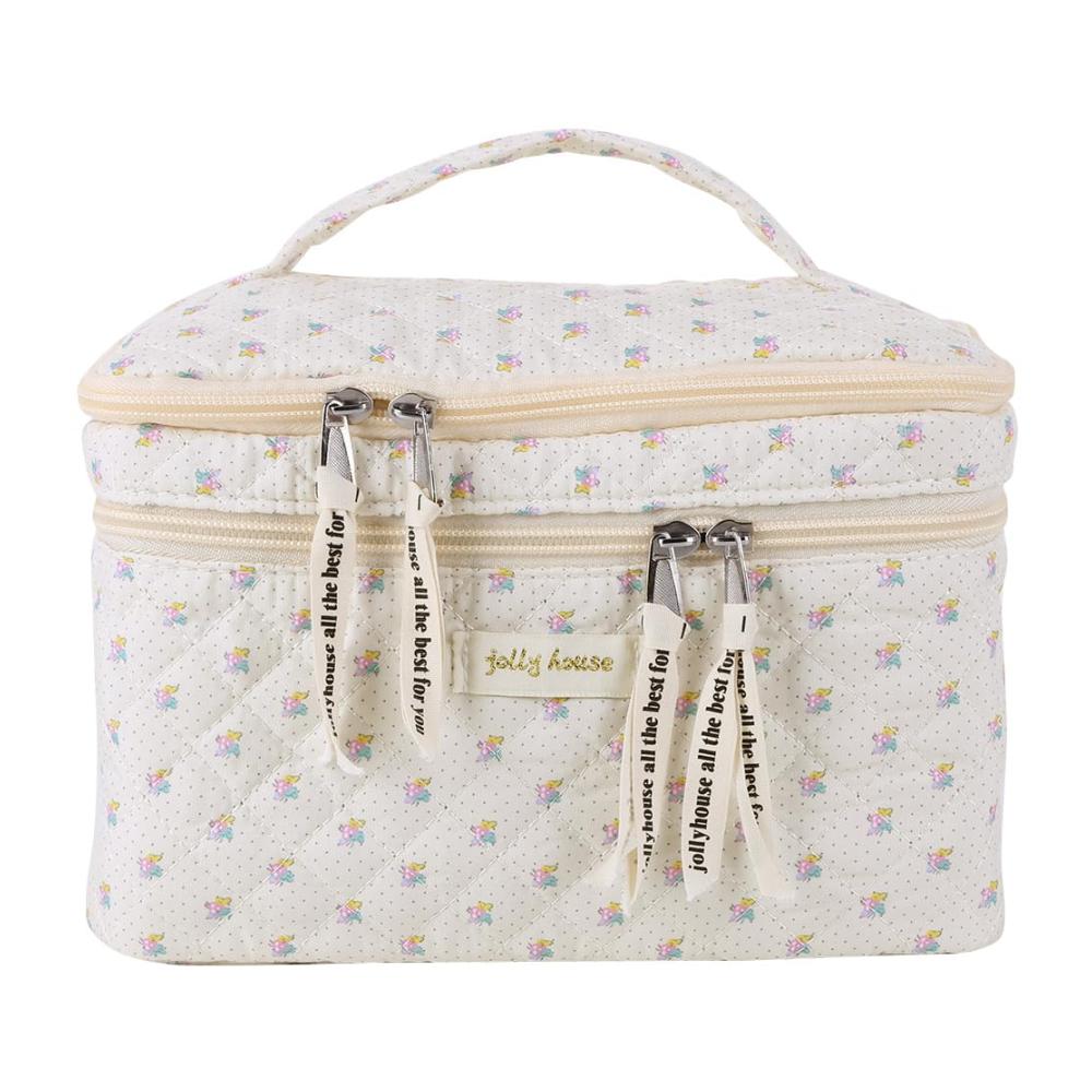 Geräumige Make-up-Tasche aus Baumwolle Doppellagig gesteppt mit Blütenverschluss und praktischen Fächern für Damen und Mädchen