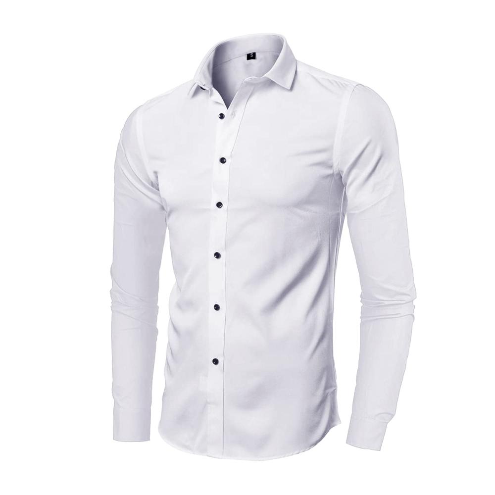 Bügelfreie Herren-Businesshemden mit Stretch langärmlig schlank tailliert aus Polyester einfarbig EU-Größe S-XXL Weiß/Schwarz/Blau