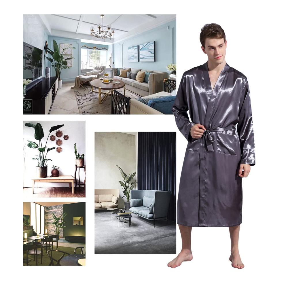 Erleben Sie puren Luxus Herren Bademantel Kimono aus glattem Satin leicht und weich. Perfekt für entspannte Nächte mit Gürtel und Taschen