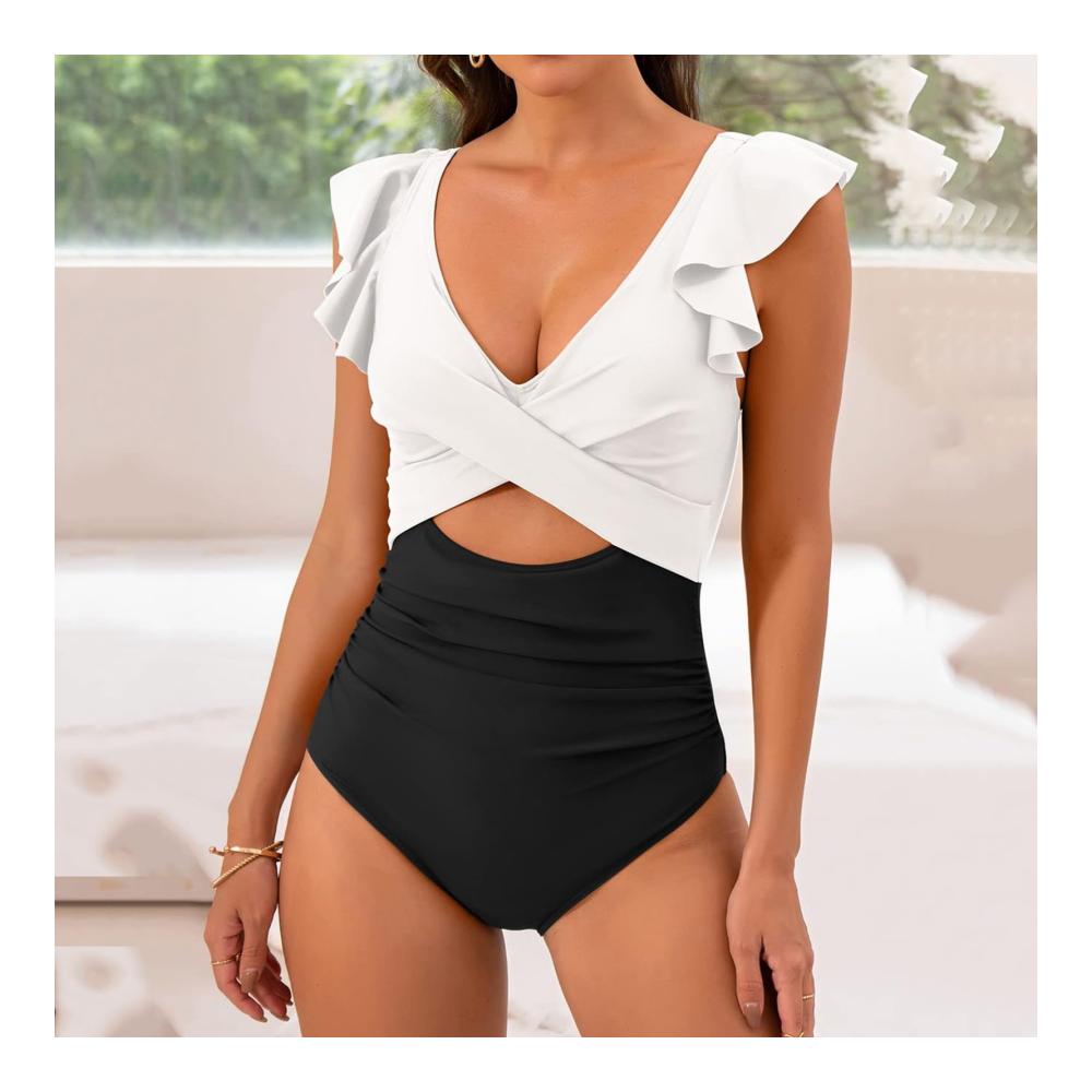 Badeanzug Damen Einteiler Bauchweg Große Größen mit Cups Monokinis Figurformend Raffung Bügel Swimsuit Sommer Bademode Push Up Gestapelten V-Neck Plissiert Gepolsterter