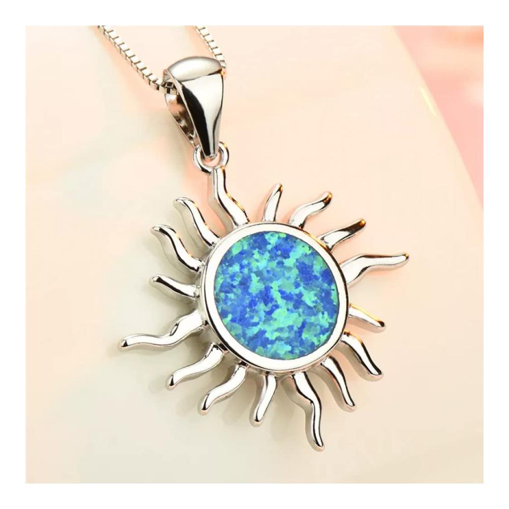 Elegante Hochzeitsketten Weiß-Blau Opal Sonnenanhänger in 925er Sterling Silber - Einzigartiger Schmuck für die Braut - Strahlender Glanz für besondere Anlässe