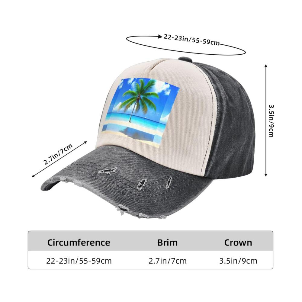 Einzigartiges Baseball Cap Stilvoll Verstellbar & Bequem. Palmen & Meerdruck auf gewaschenem Denim. Perfekt für jeden Anlass