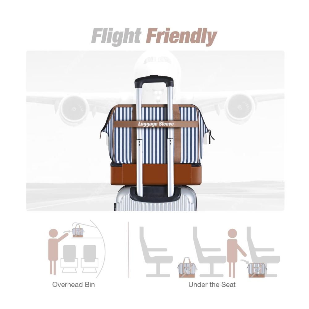 Luxuriöse Doppellagige Reisetasche Weekender Damen Schickes Design praktisches Schuhfach großzügiges 35L Volumen. Handgepäck für Flugzeugreisen in stylischem Blau Gestreift