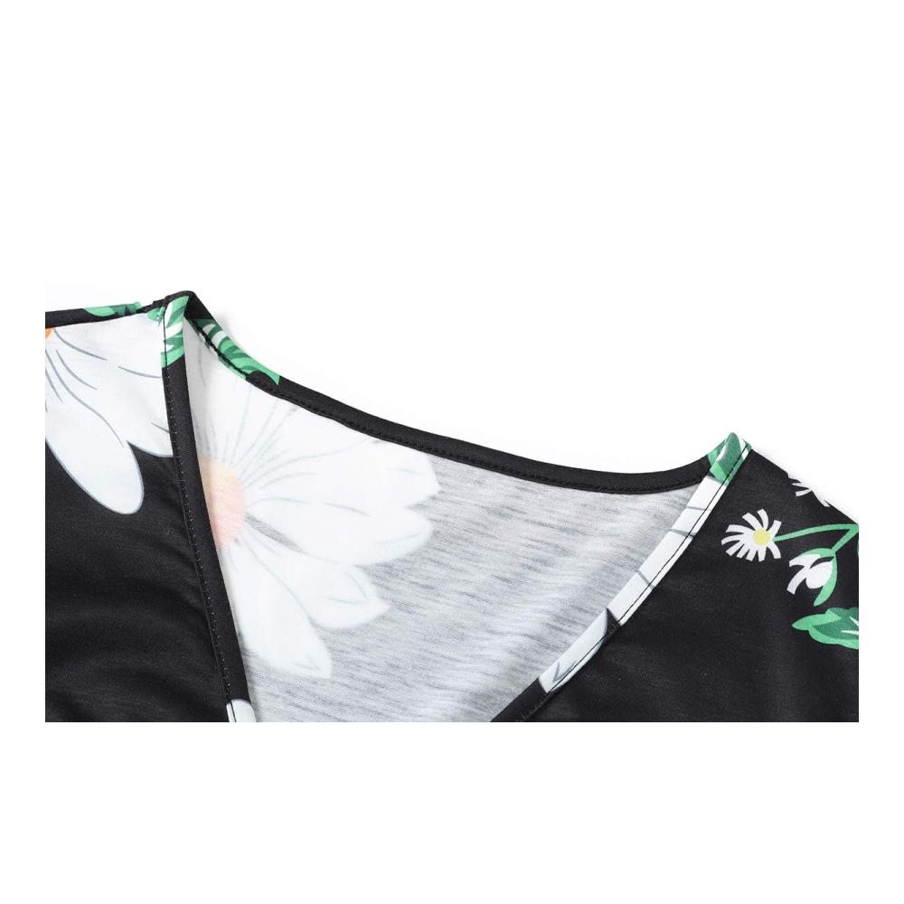 Damen Freizeitkleid mit V-Ausschnitt und kleinem Gänseblümchen-Print kurzärmelig A-Linien-Rock