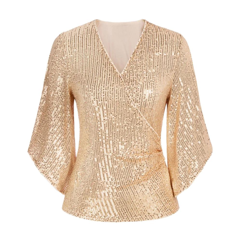 Entzückendes Damen Pailletten Shirt Glänzendes Highlight für lässige Eleganz! Perfekt für festliche Anlässe & den Alltag. Stilvoller V-Ausschnitt & Trompetenärmel. Jetzt zugreifen