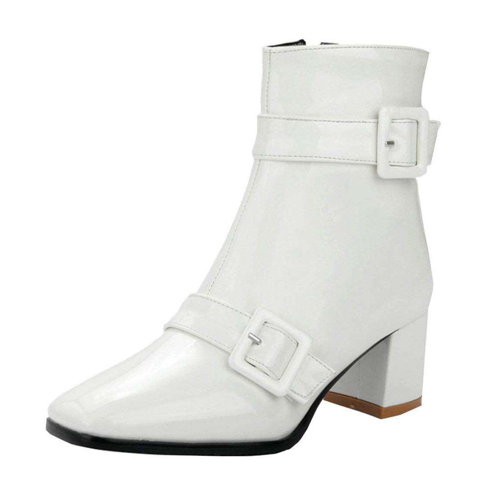 Damen Lack Stiefeletten mit flachem Blockabsatz seitlichem Reißverschluss und zwei Schnallen Winter Stiefel mit kurzem Schaft
