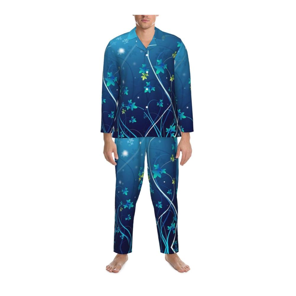 Gemütlicher und modischer Herren-Schlafanzug mit blauem Mini-Blumen-Swirl-Druck langärmelig für optimalen Komfort. Perfekte Nachtwäsche für erholsamen Schlaf