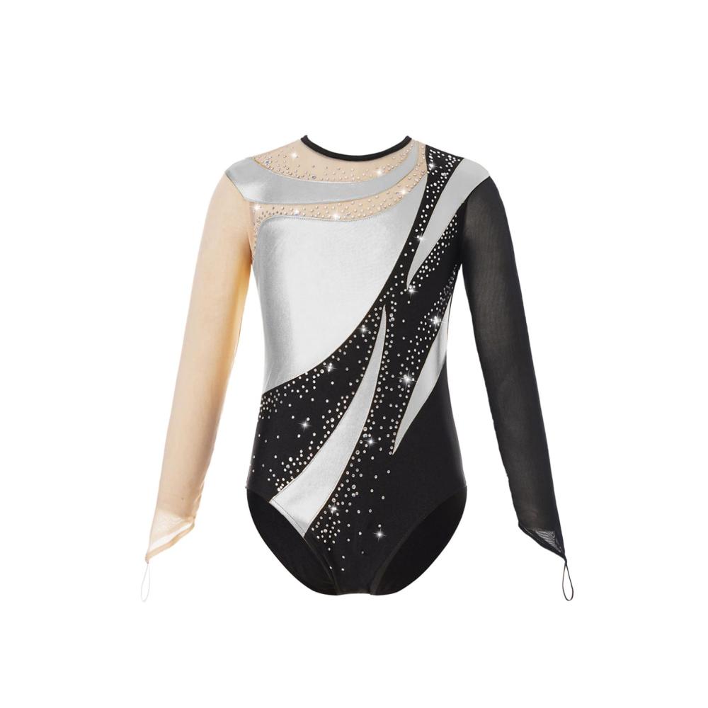 Eleganter Mädchen Ballettanzug Langarm Leotards mit Strass und Glitzer. Perfekt für Wettkämpfe und Tanz. Stilvoller Stehkragen und Patchwork-Design für ultimativen Komfort