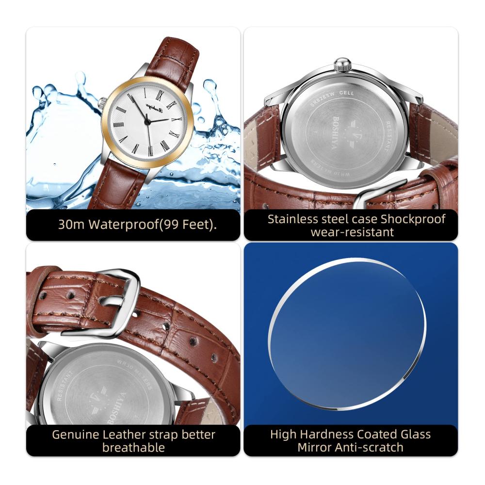 Damen Lederarmband Armbanduhr BOSHIYA Analog Quarz Uhr für Frauen Klassisch Business Wasserdicht Lässig Kleid elegant (Schwarz & Braun
