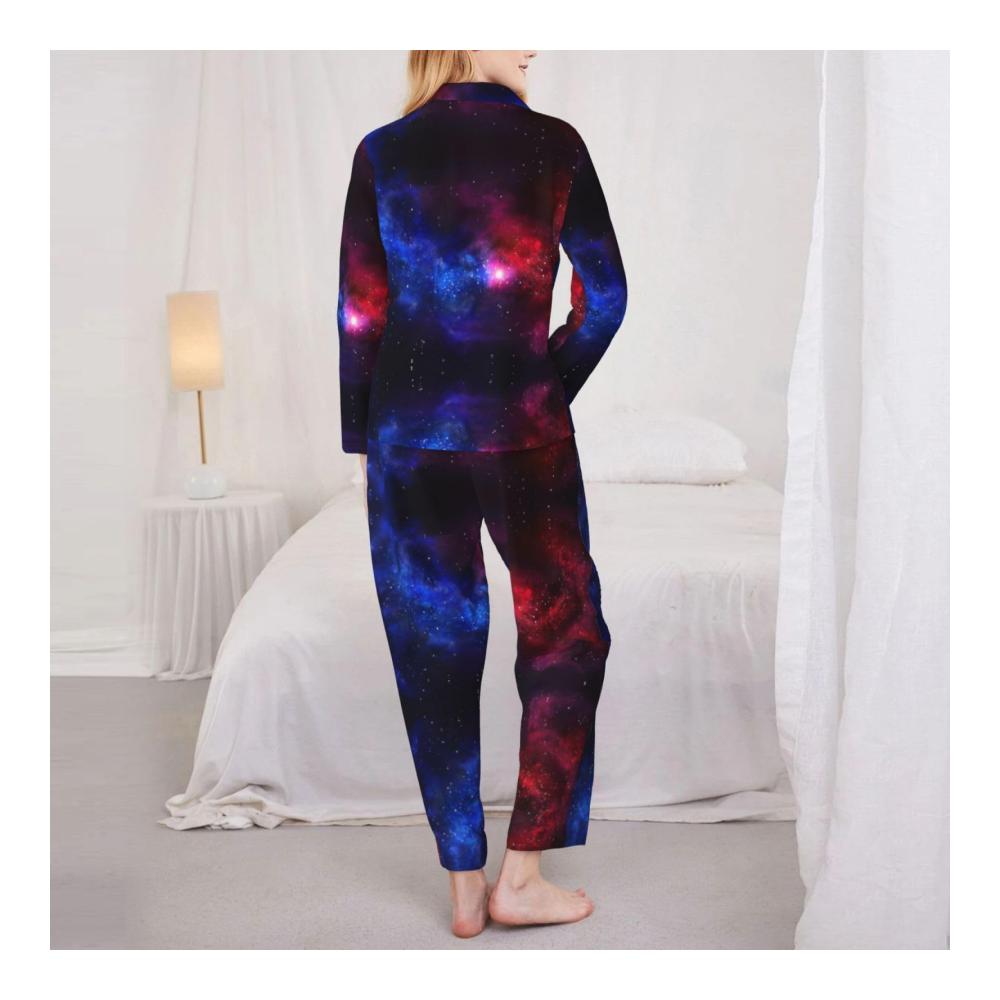 111 Damen Pyjama lang rot blau mit dunkelblauem Galaxie Print Nachthemd Oberteil und Hose gemütliche Nachtwäsche