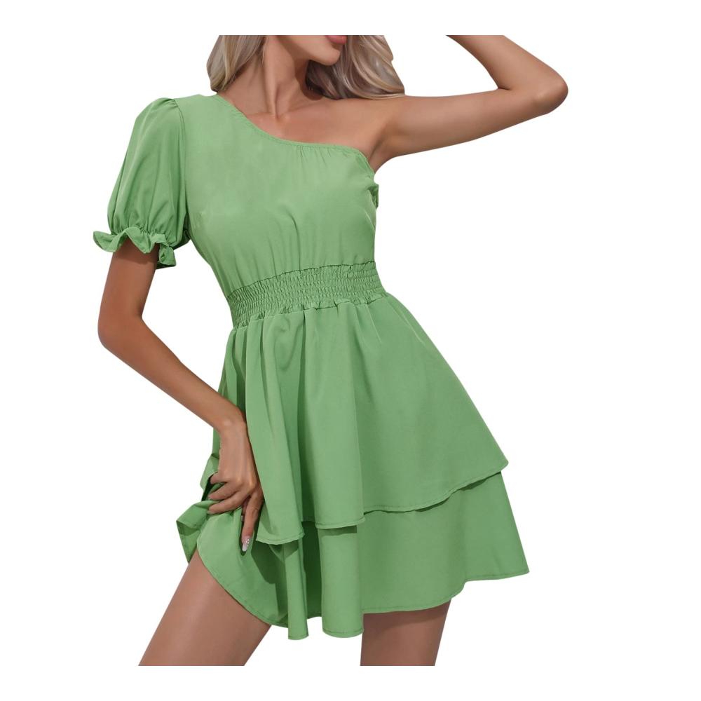 Attraktives Freizeitkleid für Damen Lässig schräge Schulter modisch mit Puffärmeln und mehrlagigem kurzen Rock. Perfekt für sportliche Aktivitäten knielang und betont die Taille