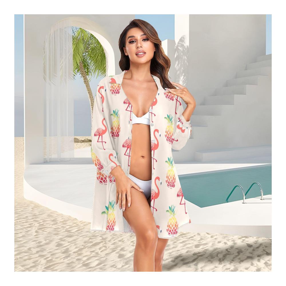 Entdecke exotische Eleganz Pareos & Strandkleider für stilvolle Strandtage! Hawaiisches Flamingo-Ananas-CoverUp - perfekt für Damen-Bademode & mehr