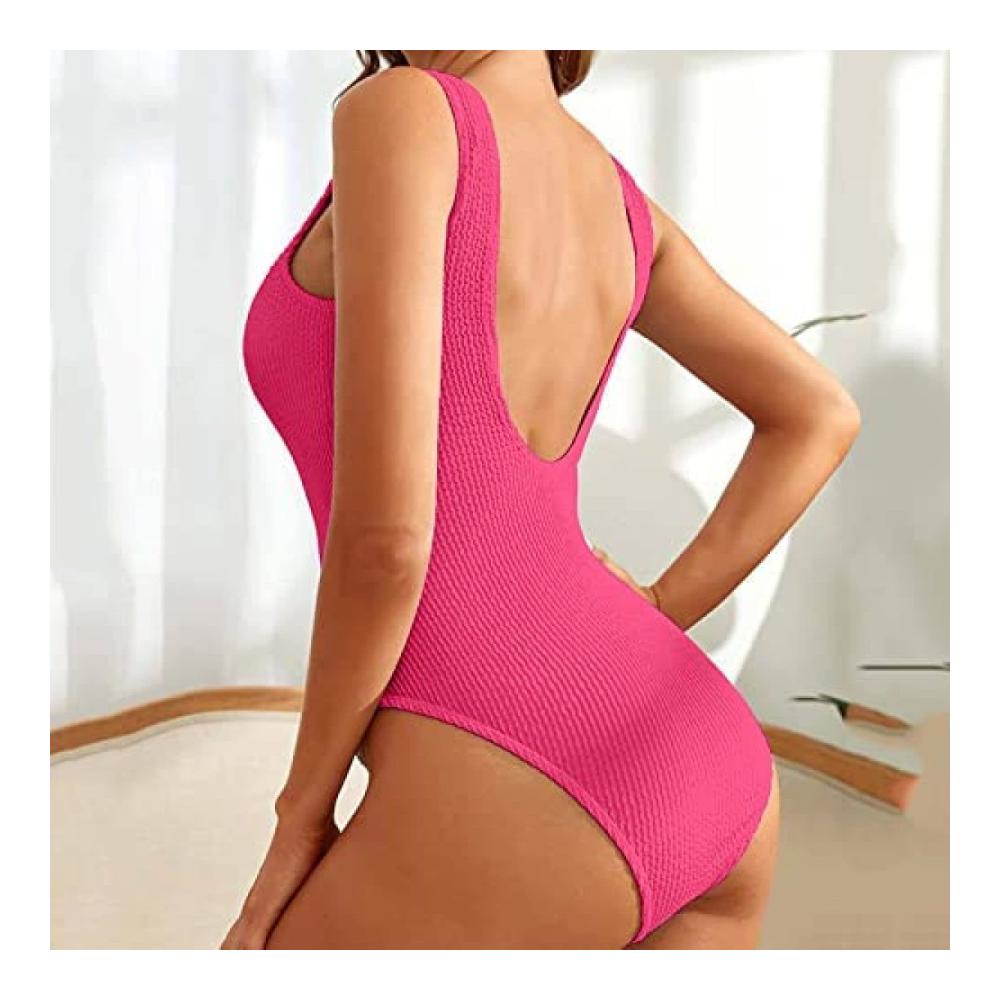 Badeanzug Damen Einteiler Sexy Monokini mit Rückenfreiheit & U-Ausschnitt Einfarbiges Badekostüm für Damen Bauchweg-Schwimmanzug für Strand & Pool