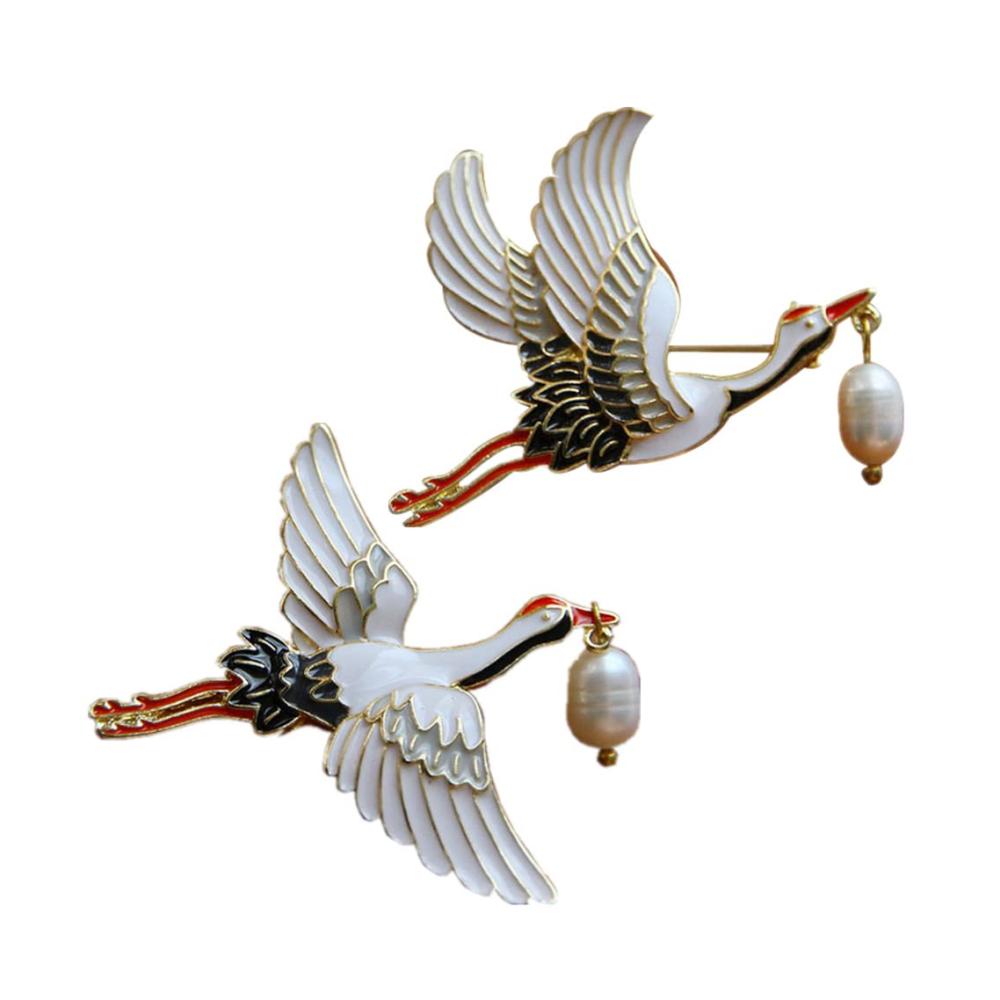 Elegante Broschen & Anstecknadeln Vintage-Perlen-Baumelnde Brosche mit Fliegender Vogel-Kranich-Motiv - Perfektes Schmuckgeschenk für Damen! Goldton 2er-Set