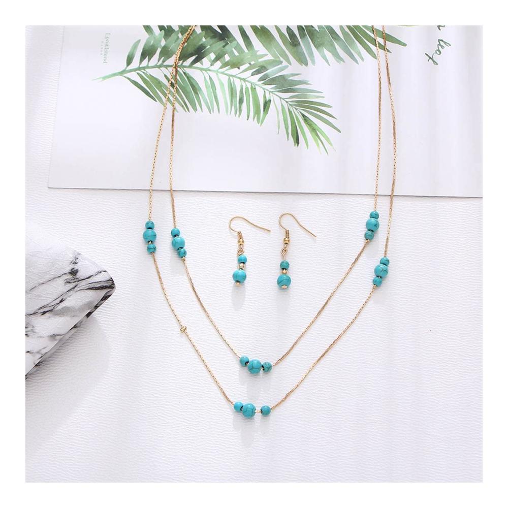 Entdecke zeitlose Eleganz Schmuck-Sets mit Doppel-Layer-Türkis-Halskette und Ohrringen. Handgefertigte Retro-Anhänger und verstellbare Chokerhalsketten für Damen und Mädchen. Gönn dir Luxus