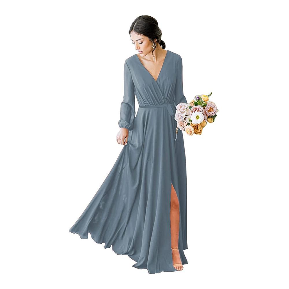 Elegante Abendkleider Damen Brautjungfernkleid A-Linie V-Ausschnitt lange Ärmel hohe Taille - Perfekte formelle Kleidung aus Chiffon