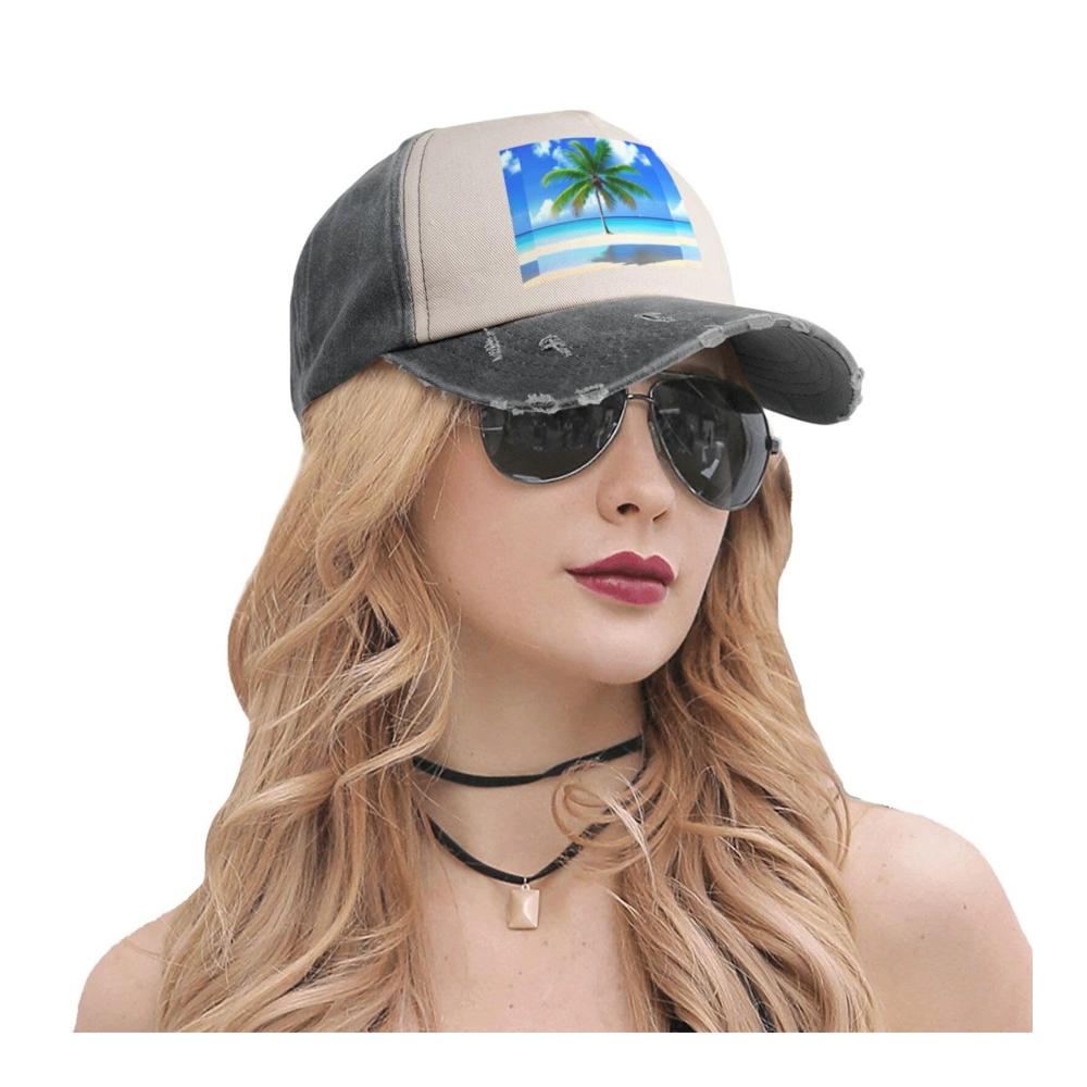 Einzigartiges Baseball Cap Stilvoll Verstellbar & Bequem. Palmen & Meerdruck auf gewaschenem Denim. Perfekt für jeden Anlass