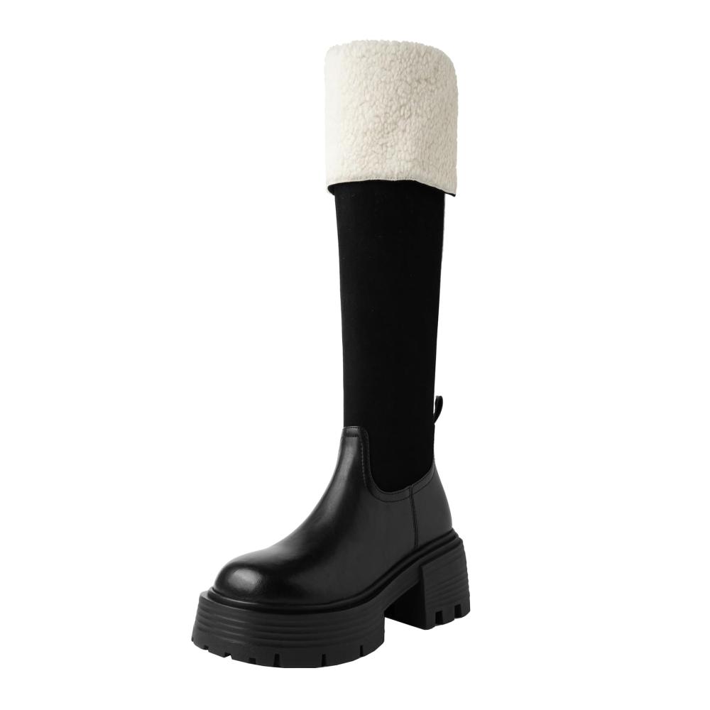 Erleben Sie ultimativen Komfort und Stil Damen Plateau Kniehohe Stiefel mit Chunky Heels und Lammwolle! Perfekte Fusion von Eleganz und Gemütlichkeit. Jetzt sichern