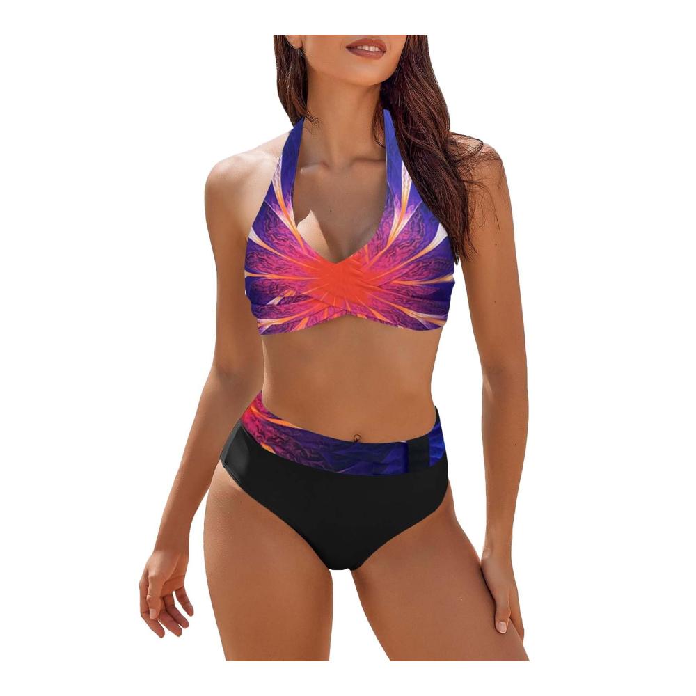 Damen-Badeanzüge zweiteilig Farbblock Wickel-Bikini-Set Mädchen Board Shorts mit hoher Taille violett Größe S-XXXL