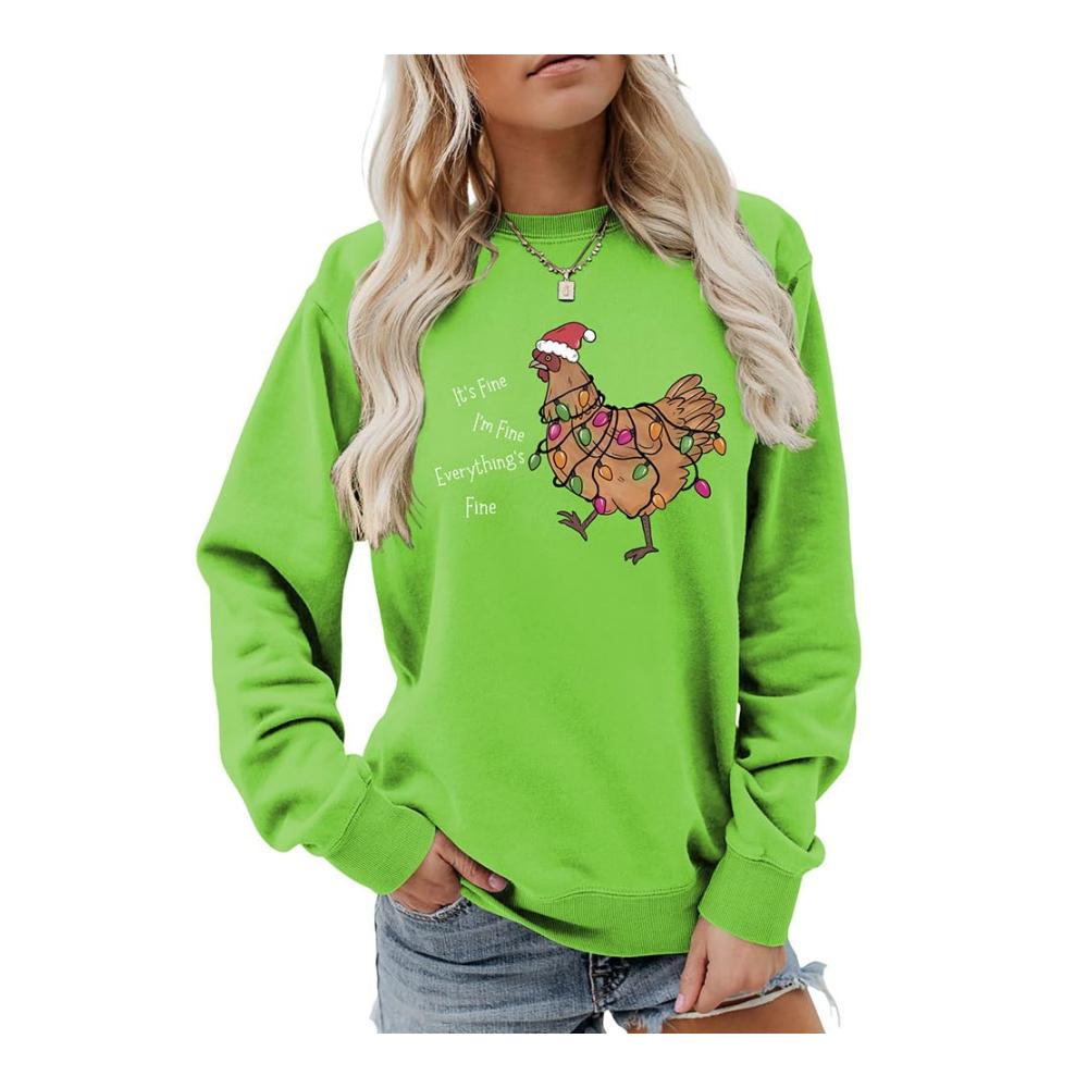 Bunte Weihnachtslichter Sweatshirt für Damen mit Hühnermotiv Alles ist fein Weihnachtsmütze inklusive! Holen Sie sich jetzt dieses bequeme Sweatshirt