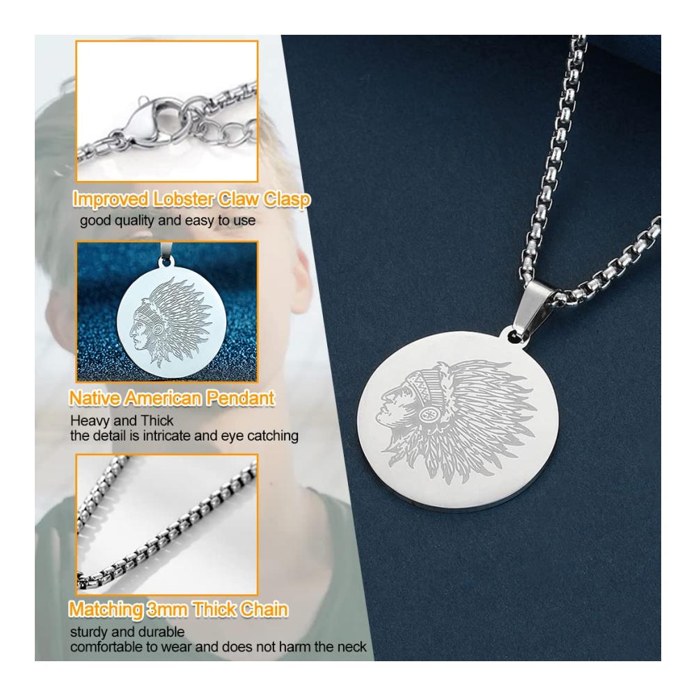 Einzigartige 316L Edelstahl Münze Halskette mit Indischem Krieger-Anhänger Zeitlose Eleganz trifft auf kulturelle Bedeutung. Perfektes Geschenk für Schmuckliebhaber