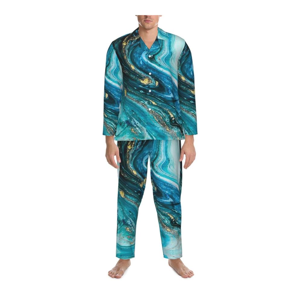 Bequemer Herren-Pyjama Langärmeliges Türkis-Blau-Gold-Marmor-Set - Stilvoller Schlafanzug für erholsame Nächte