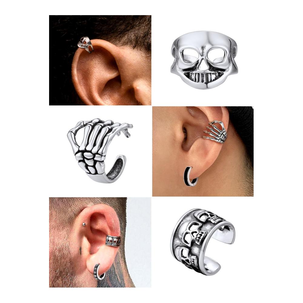 Einzigartige 925 Silber Ohrringe für Männer und Frauen - Retro Totenkopf Schädel Knochen Hand Octopus Spinnen Drache Skorpion - Non-Piercing Ohrclips und Ohrmanschette