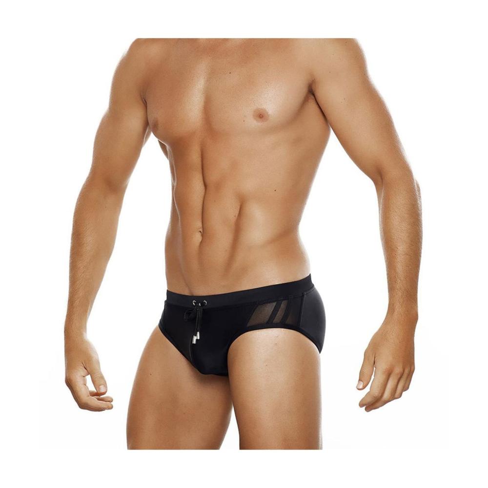 Stilvoll und bequem Herren Badehosen in Schwarz mit Mesh-Seiten Bikini-Schnitt und Schwammpolstern - perfekt für den Sommer im Schwimmbad! Entdecke jetzt