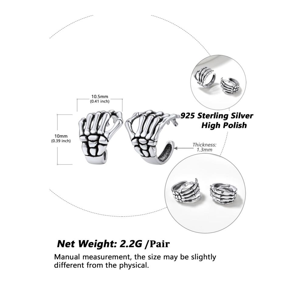 Einzigartige 925 Silber Ohrringe für Männer und Frauen - Retro Totenkopf Schädel Knochen Hand Octopus Spinnen Drache Skorpion - Non-Piercing Ohrclips und Ohrmanschette