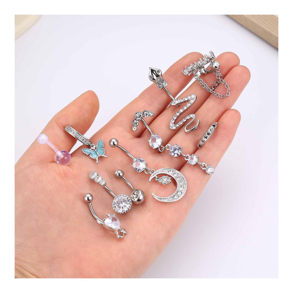 Entdecke den Glanz Bananabells Bauchnabelringe - 10er Set mit CZ Mond Schmetterling & Schlange - Hochwertiger 316L Chirurgenstahl - Einzigartige Designs für stilvolles Bauchnabelpiercing von LOLIAS
