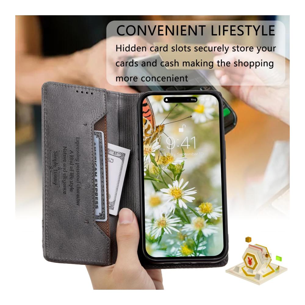 Stilvoller Schutz Premium Leder Kreditkartenhülle für iPhone 14 Serie - Magnetische Abdeckung RFID-Blockierung Ständerfunktion - Grau 14.6 Zoll