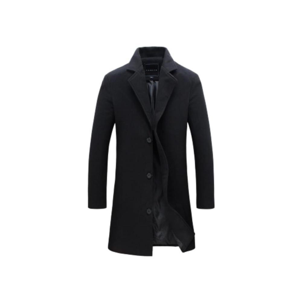 Stilvoller Herren Wollmantel Klassischer Trenchcoat mit gekerbtem Kragen regulärer Passform und 3 Knöpfen. Perfekte Winterjacke in elegantem Schwarz Größe M