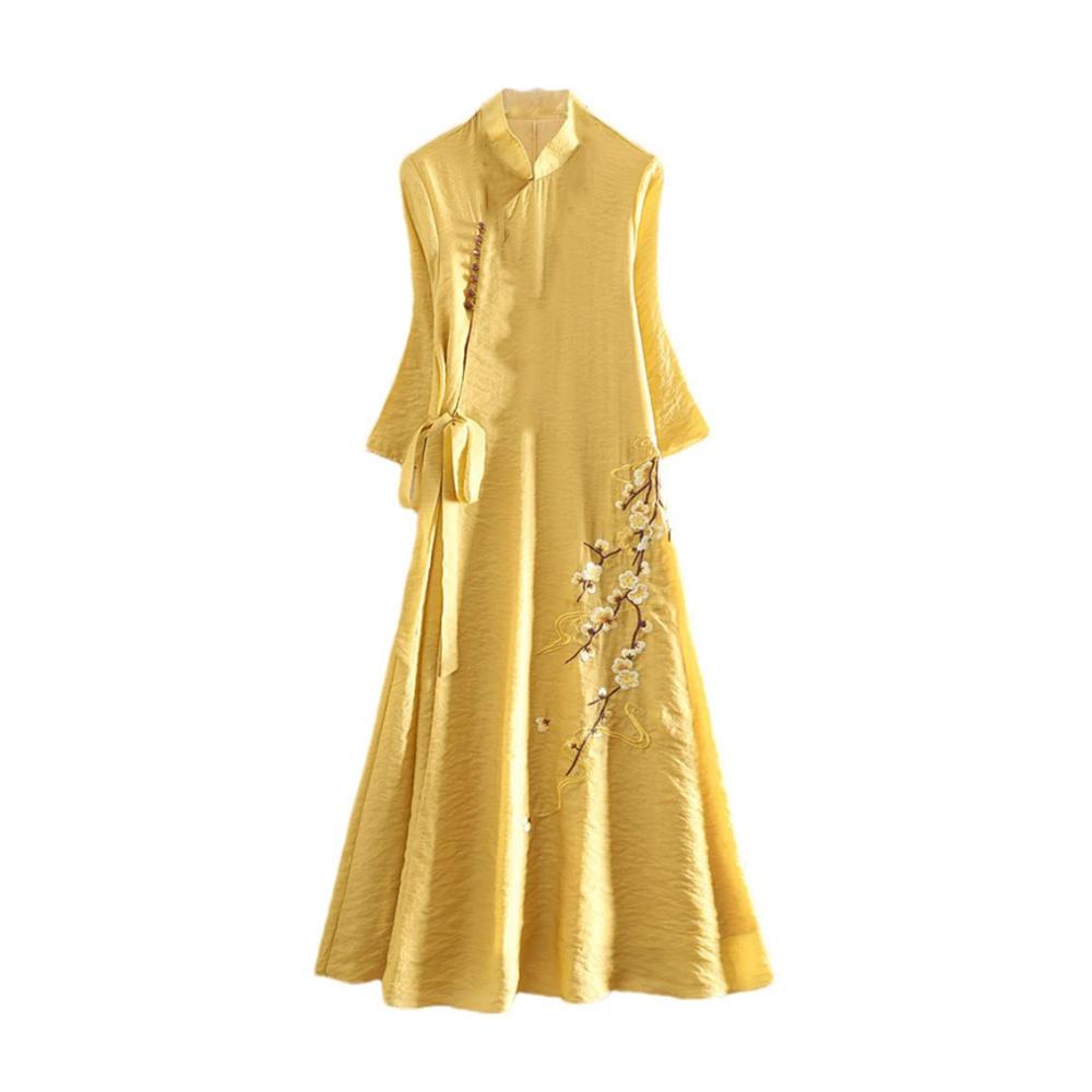 Einzigartiges Damen-Cheongsam-Cocktailkleid mit Retro-Stickerei und Pflaumenblüten 3/4-Ärmel A-Linie für festliche Anlässe