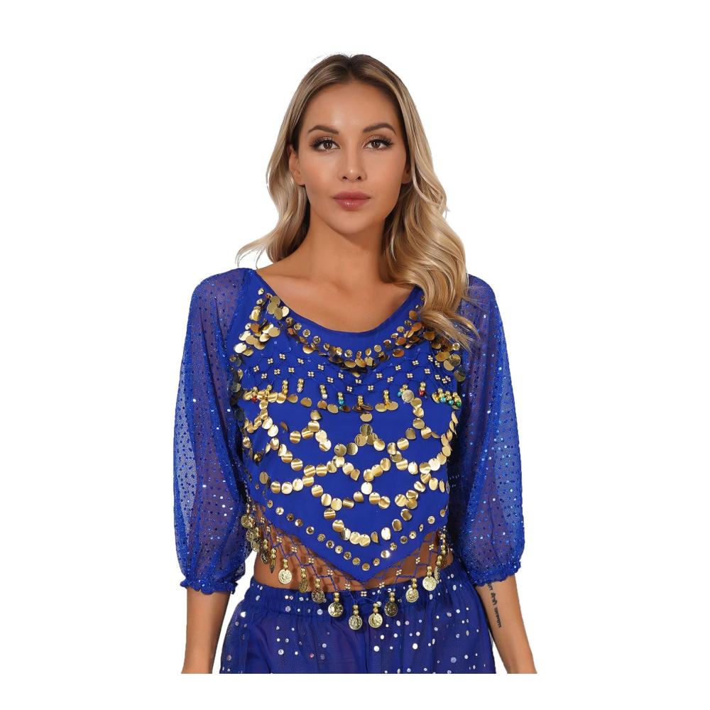 Extravagante Damen Bauchtanz Tops Glänzende Pailletten Perfekt für Fasching und Bühne Kurzarm/Langarm Crop Tops für eindrucksvolles Tanzoutfit