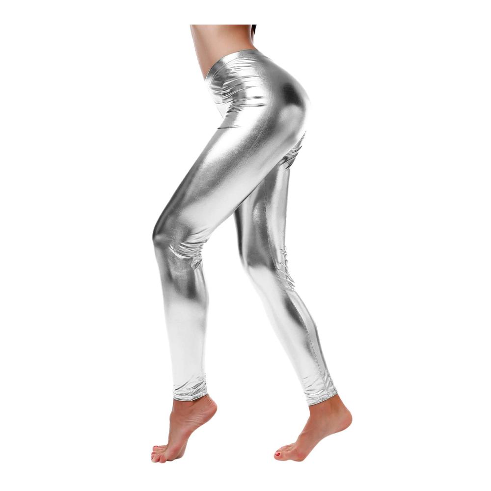 Entdecke den glänzenden Zauber Damen Leggings in Silber Metallic hohe Taille für den perfekten Wet Look & Mat Style voller Länge für Party & Clubwear