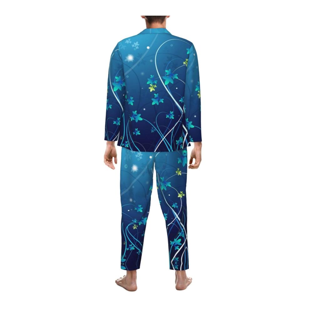 Gemütlicher und modischer Herren-Schlafanzug mit blauem Mini-Blumen-Swirl-Druck langärmelig für optimalen Komfort. Perfekte Nachtwäsche für erholsamen Schlaf