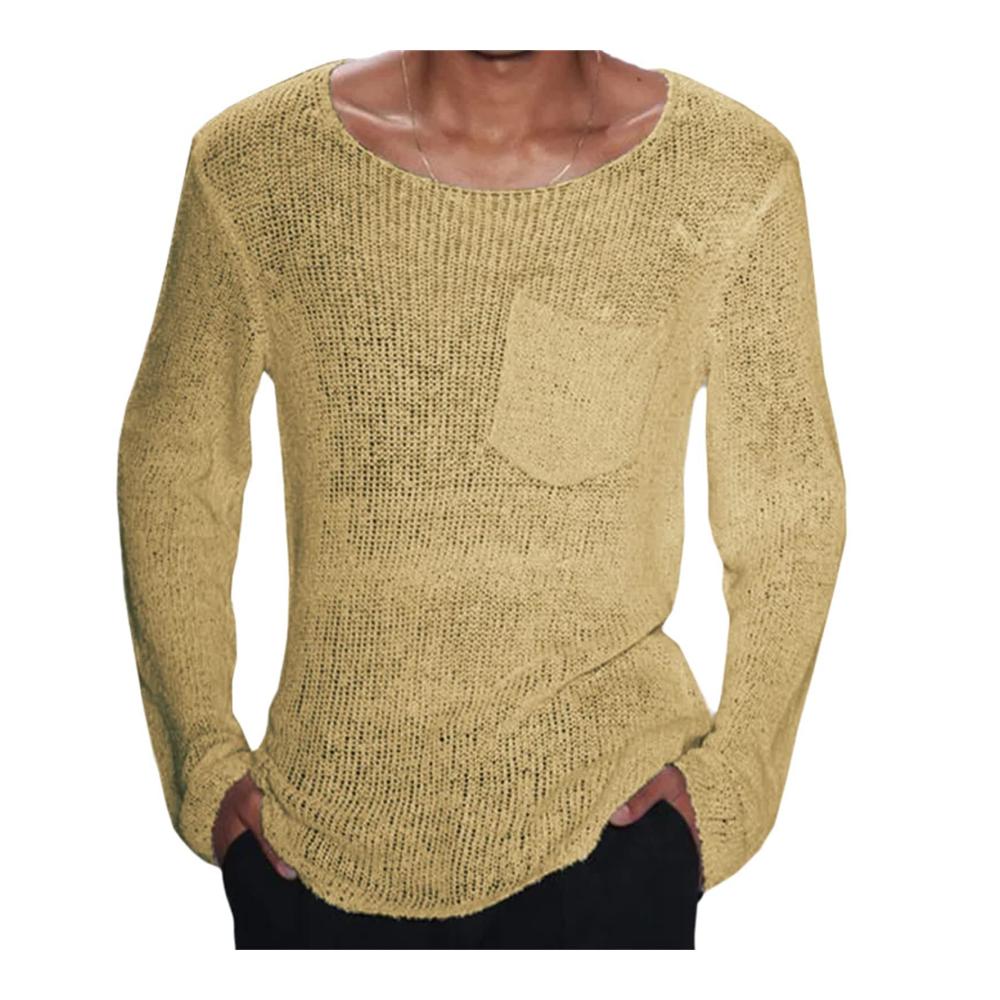 Bequemer Herren Strickpullover mit Taschen Langarm Rundhalsausschnitt lockerer Pullover für Alltag Büro und Freizeit