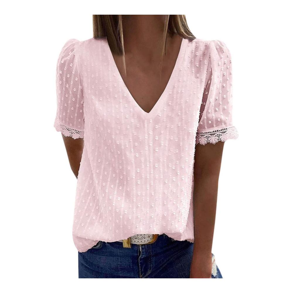 Damen Sommer Casual T-Shirt Stylische Einfarbig Kurzarm Tops für einen entspannten Look mit V-Ausschnitt und lockerer Passform. Jetzt entdecken und stilvoll durch den Sommer