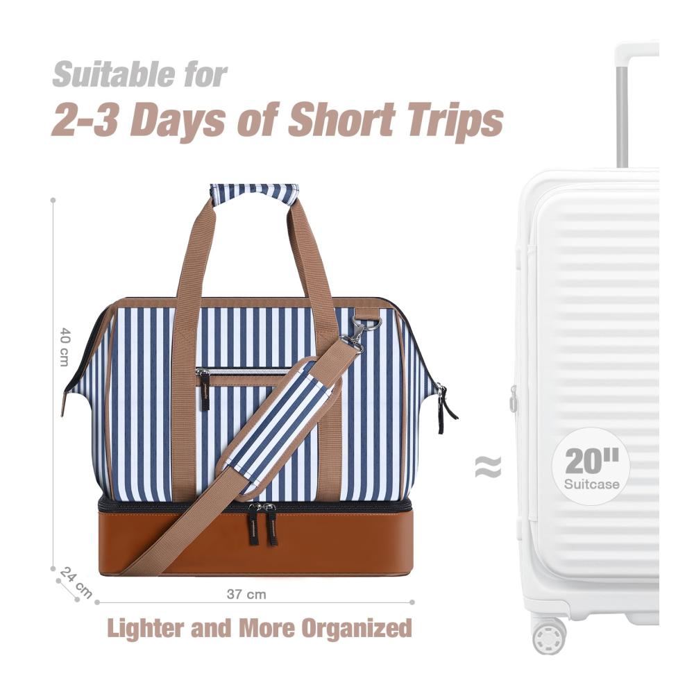 Luxuriöse Doppellagige Reisetasche Weekender Damen Schickes Design praktisches Schuhfach großzügiges 35L Volumen. Handgepäck für Flugzeugreisen in stylischem Blau Gestreift