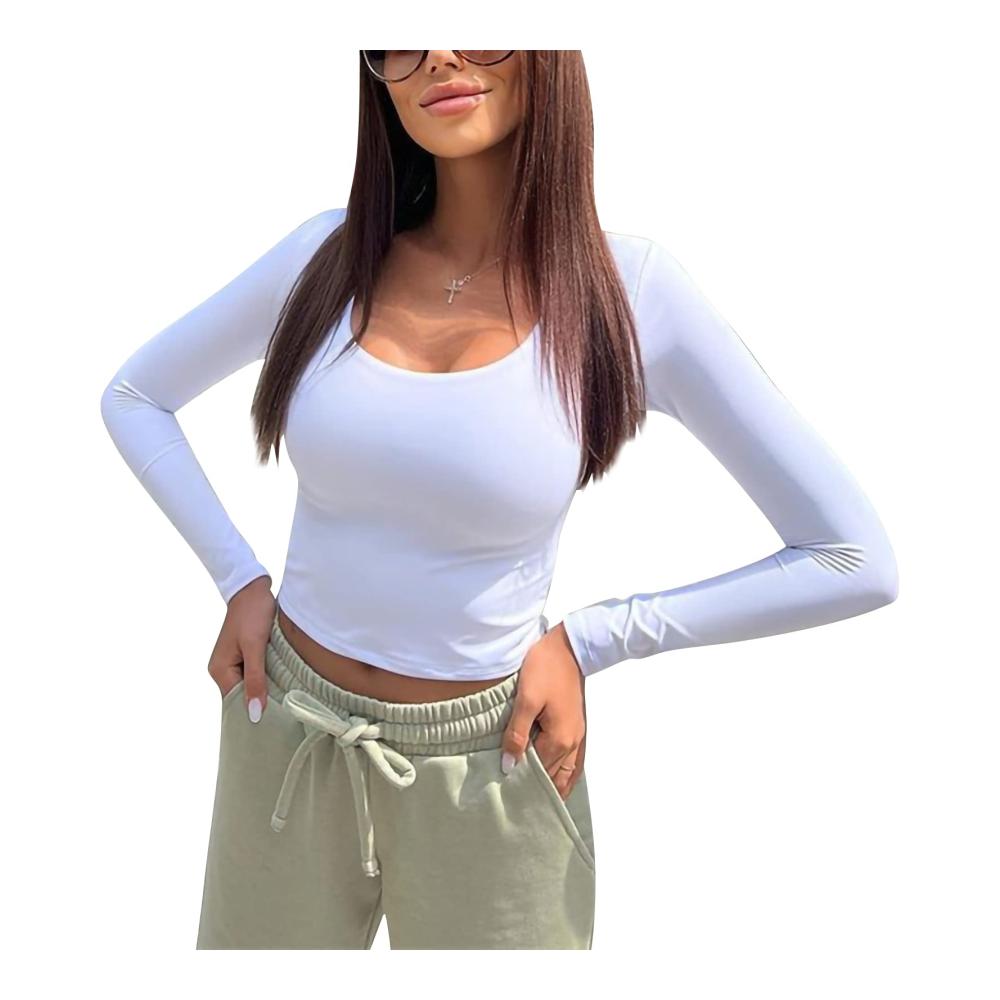 Sexy Crop Top Damen Langarm eng Slim Fit U-Ausschnitt - Trendiges Bauchfrei-Shirt für Streetwear Party & mehr
