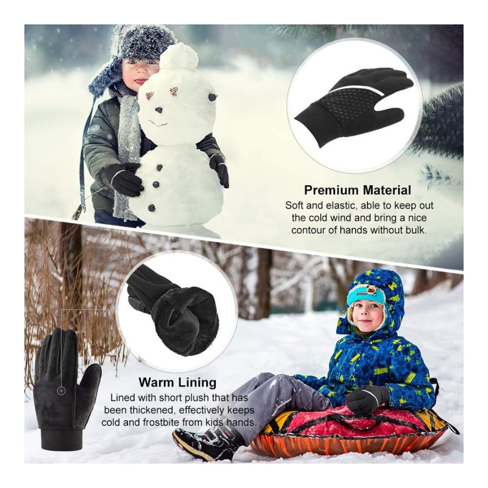 Kinder Winterhandschuhe - Warme Thermofäustlinge für kaltes Wetter beim Fahrradfahren Skifahren und im Schnee Schwarz geeignet für Mädchen im Alter von 4-12 Jahren