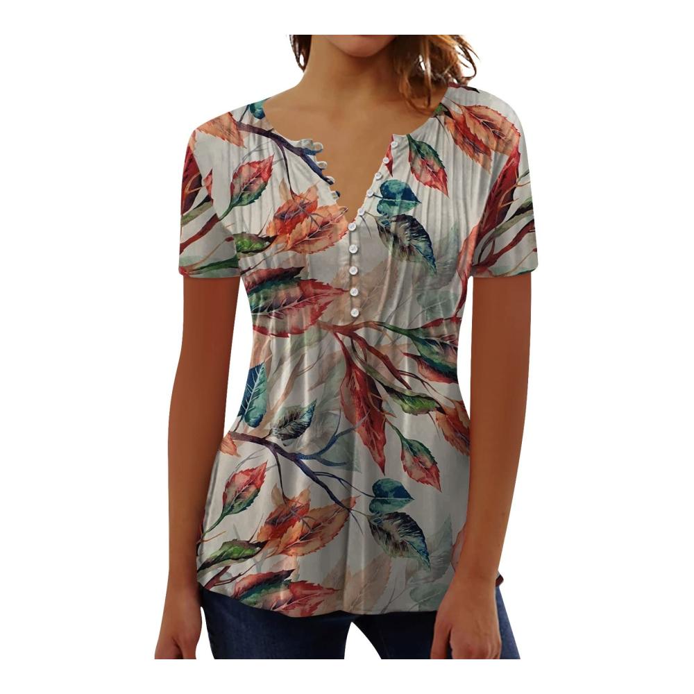 Erfrischender Sommerstil Damen Oversize T-Shirt mit V-Ausschnitt Knopfleiste und Blumendruck. Perfekt für lässige Tage