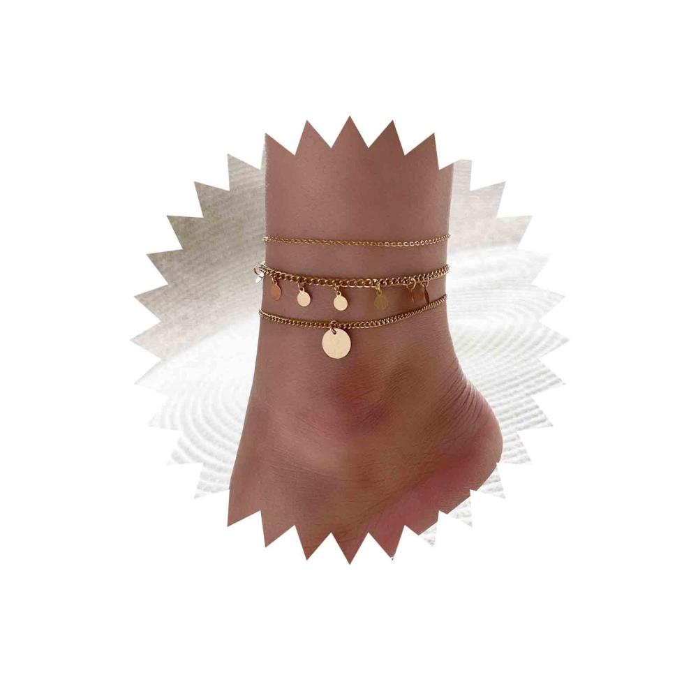 Entdecken Sie die zeitlose Eleganz Goldene Boho-Pailletten-Fußkettchen im 3er-Set für den Sommer. Perfektes Geschenk für stilbewusste Frauen und Mädchen