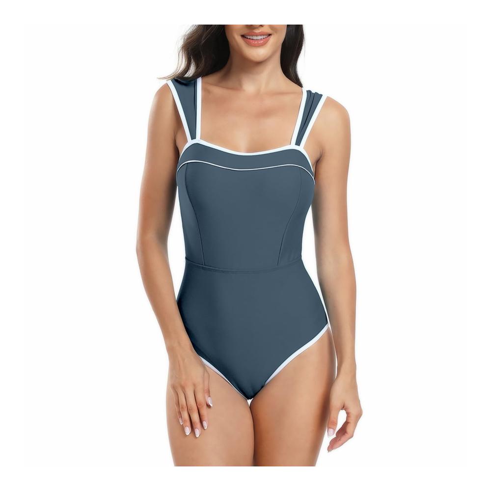 Elegantes Damen Badekleid Einteiliger Badeanzug mit sexy Tiefem V-Ausschnitt aufregender Mesh-Einarbeitung und schlankmachender Bauchweg-Funktion