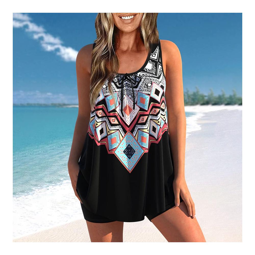 Attraktives Damen Tankini Set V-Ausschnitt Halfter Grafiken Bademode Push Up mit hohem Taille Bauchweg Effekt und Boyshorts. Perfekt für Strandtage